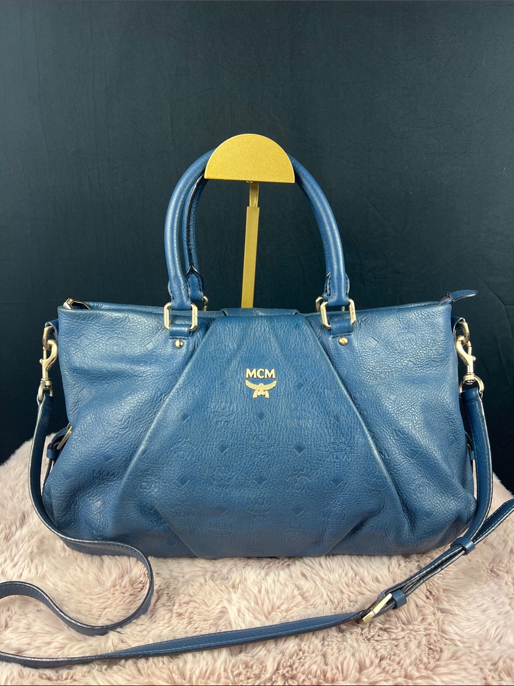 MCM Blue Debossed Nappa Leather Aren Ottomar Satchel Tote Bag